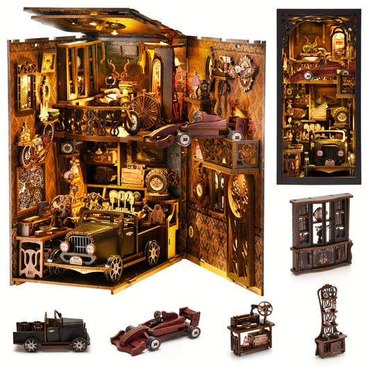 1pc DIY Book Nook Miniature Kit, the car players, 3D Wooden Puzzle Bookshelf Insert Decor Alley with LED, Vintage Bookend Model Building Creative Set, Birthday Gift, Home Room Decor (Without Battery)