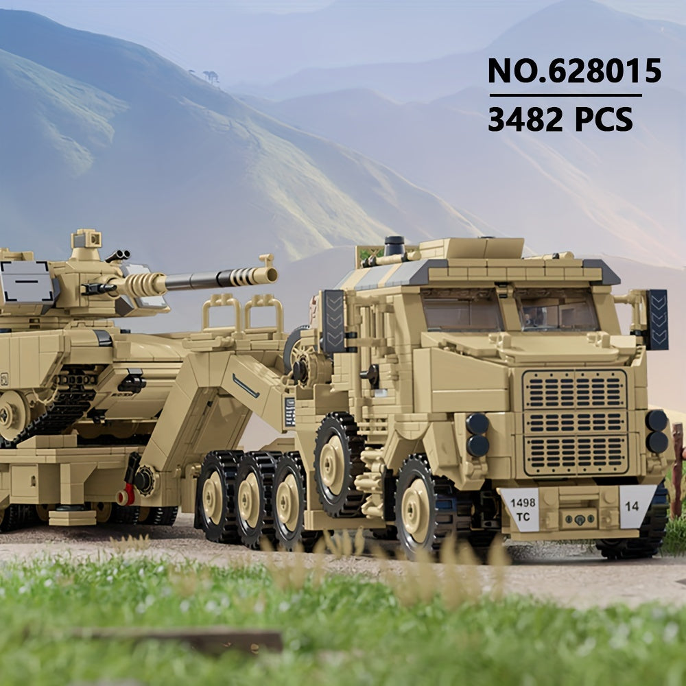 3482pcs, Tank Hauling Heavy Vehicle Building Block Set, MOC Armored Transport Vehicle Building Model, Adult Collection Display, Military Enthusiast Gift, 628015