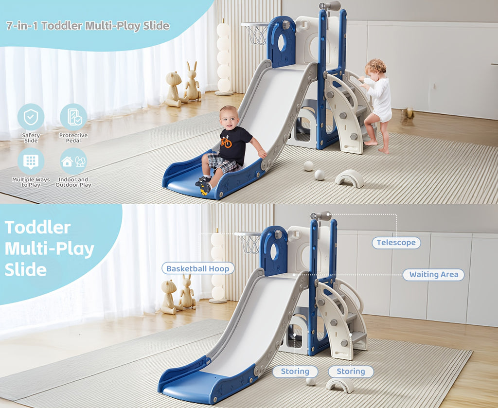 Toddler Slide Kids Climber Slides Baby Slider for Toddler, L Shaped Indoor Outdoor Playground Playset with Basketball Hoop, Storage, Telescope Toy Easy Assembly Gift for Boys And Girls