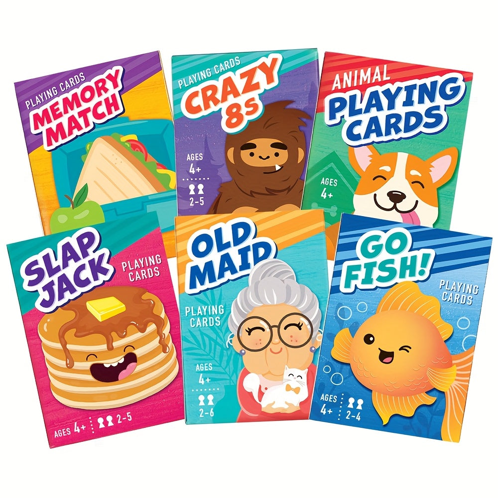 6-in-1 Kids Card Games with 6 Decks - Go Fish, Old Maid, Crazy Eights, Memory Match, Slap Jack & Animal Cards | Birthday & Christmas Games Suitable for &, Stocking Stuffers, Learning