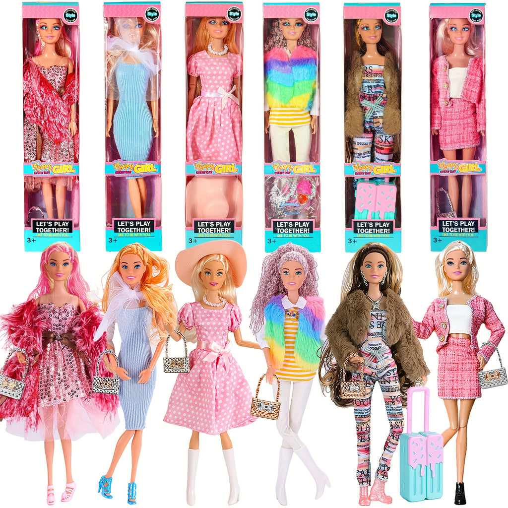11.5 Inch American Toy Princess Dolls Playset Featuring 6 Pack Fashion with Outfits, Additions Including Handbag, Hat, Crown, Necklace, And Suitcase (Gift Box Included)