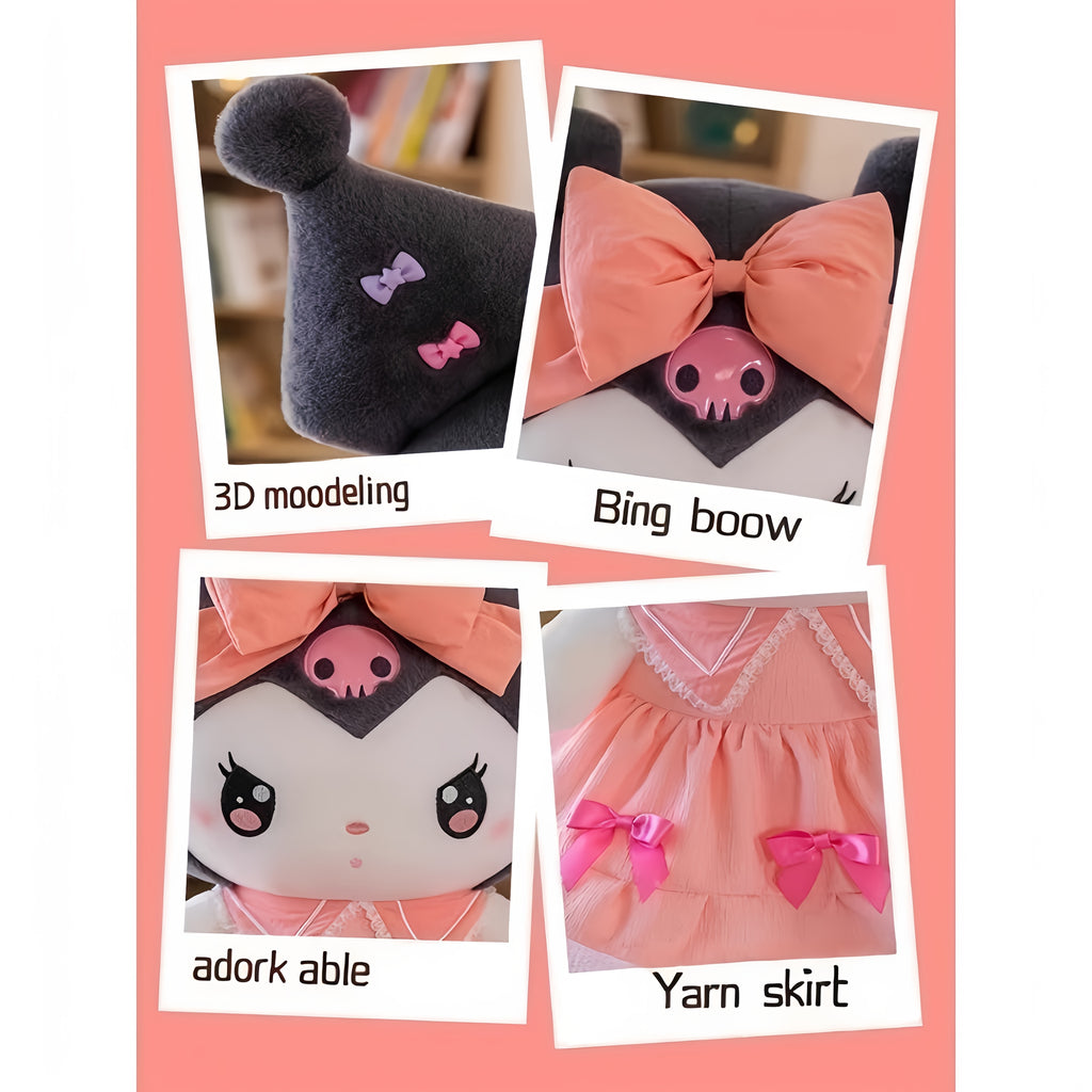 Sanrio Official Kuromi & Melody Plush Dolls in Princess Dress with Pink Bow & Ruffled Collar - Soft Collectible Stuffed Animals, Birthday/Christmas Gifts, Cute Kuromi & Melody Room Decor