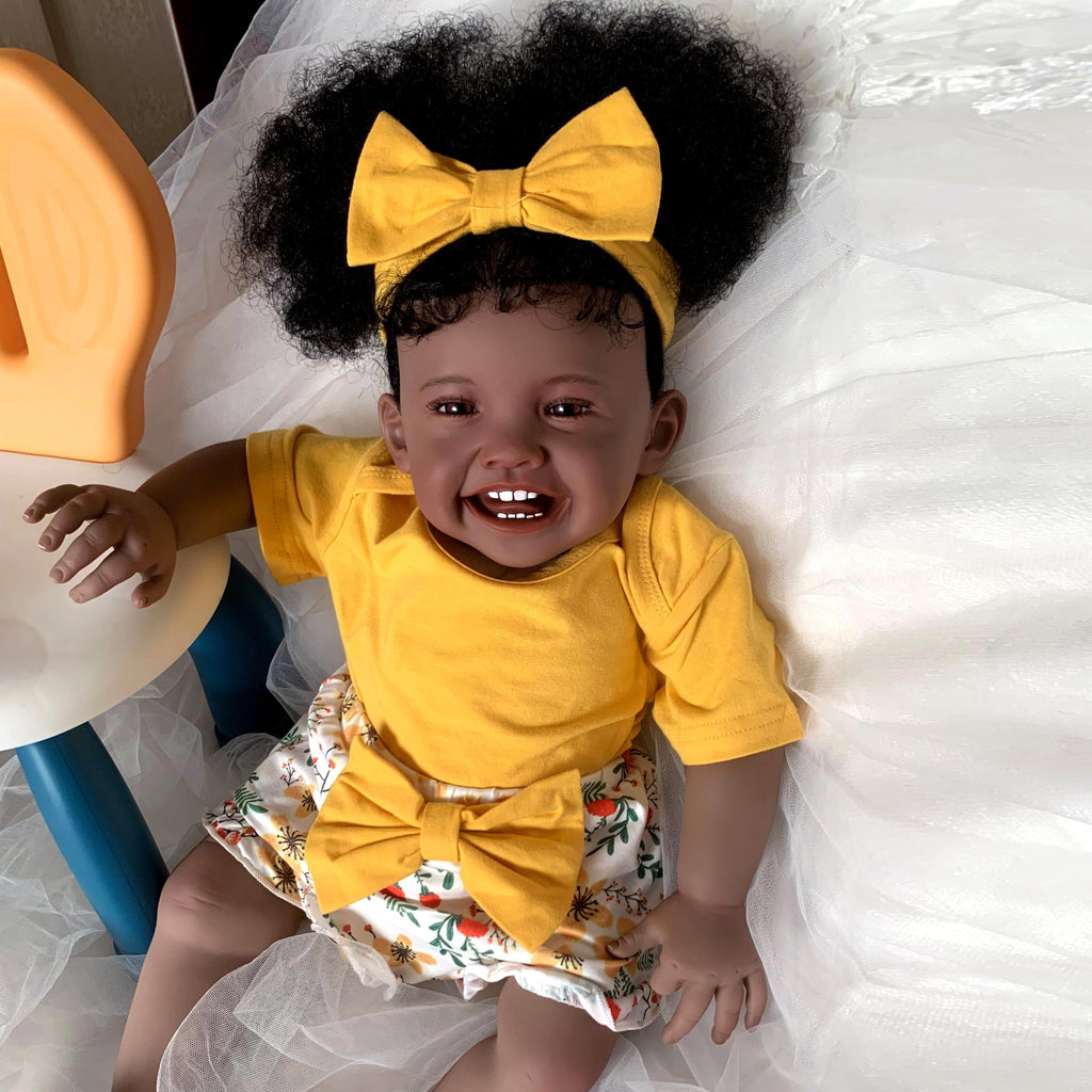 24inch 60cm Reborn Baby Girl Doll, Dark Brown Newborn Toddler Doll, Rooted Hair Art Doll, Christmas Gift