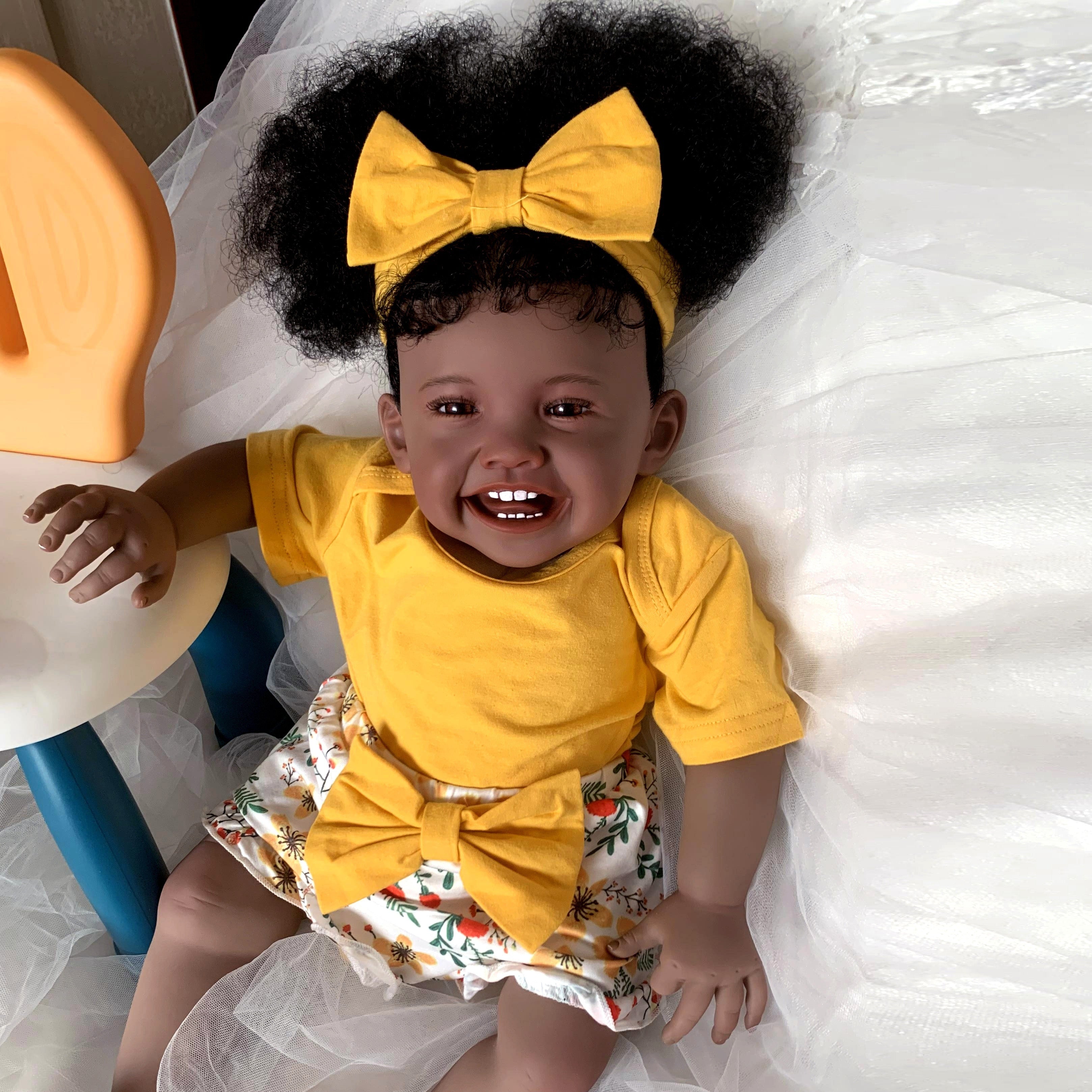 24inch 60cm Reborn Baby Girl Doll, Dark Brown Newborn Toddler Doll, Rooted Hair Art Doll, Christmas Gift