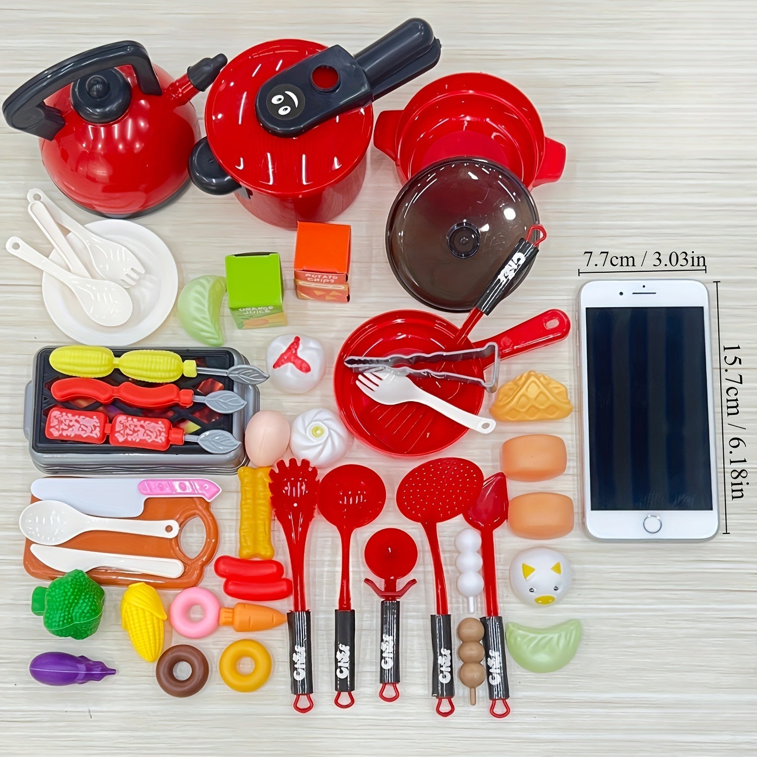 51pcs set of red children's pretend toy kitchen set, including cooking utensils, tableware, and food simulation kitchen cooking, to cultivate children's hands-on ability. Perfect learning gift for boys and girls, family interaction, suitable for Halloween
