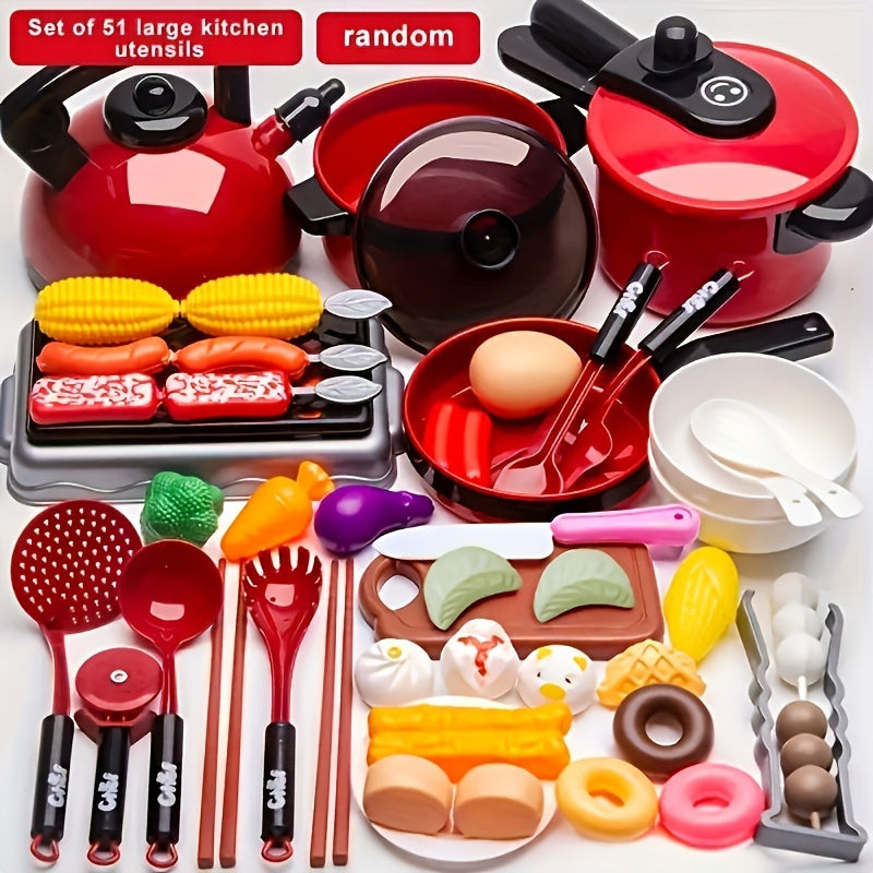 51pcs set of red children's pretend toy kitchen set, including cooking utensils, tableware, and food simulation kitchen cooking, to cultivate children's hands-on ability. Perfect learning gift for boys and girls, family interaction, suitable for Halloween