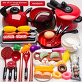 51pcs set of red children's pretend toy kitchen set, including cooking utensils, tableware, and food simulation kitchen cooking, to cultivate children's hands-on ability. Perfect learning gift for boys and girls, family interaction, suitable for Halloween