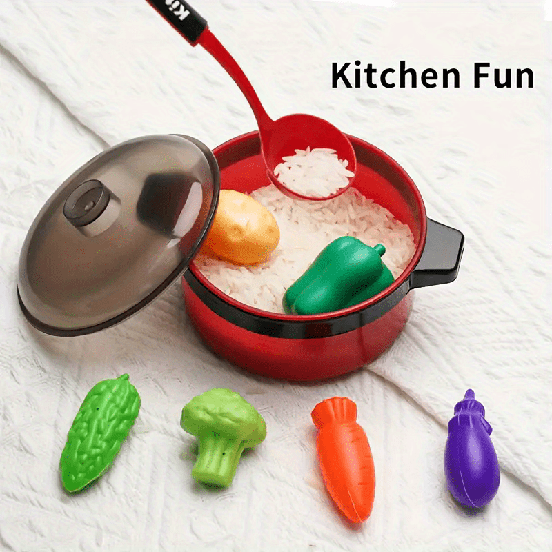 51pcs set of red children's pretend toy kitchen set, including cooking utensils, tableware, and food simulation kitchen cooking, to cultivate children's hands-on ability. Perfect learning gift for boys and girls, family interaction, suitable for Halloween