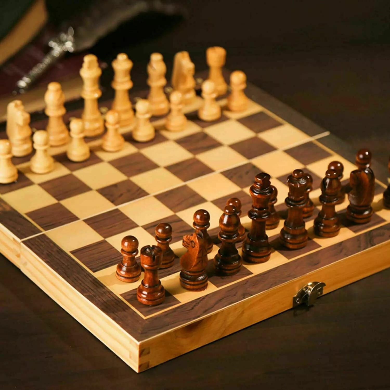 Handmade Wooden Folding Chess Set, Portable 12" Chessboard (30x30cm) with Game Pieces.