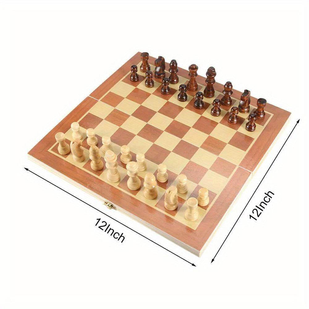 Handmade Wooden Folding Chess Set, Portable 12" Chessboard (30x30cm) with Game Pieces.