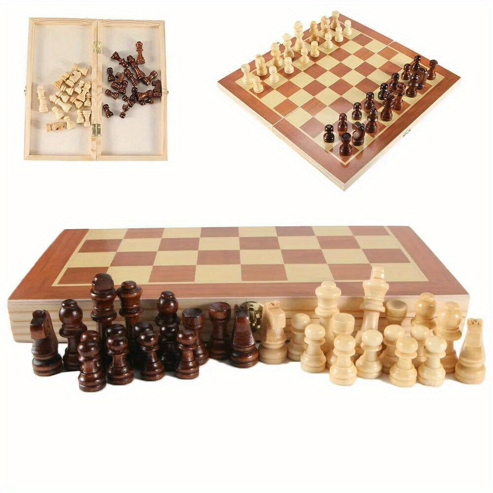 Handmade Wooden Folding Chess Set, Portable 12" Chessboard (30x30cm) with Game Pieces.