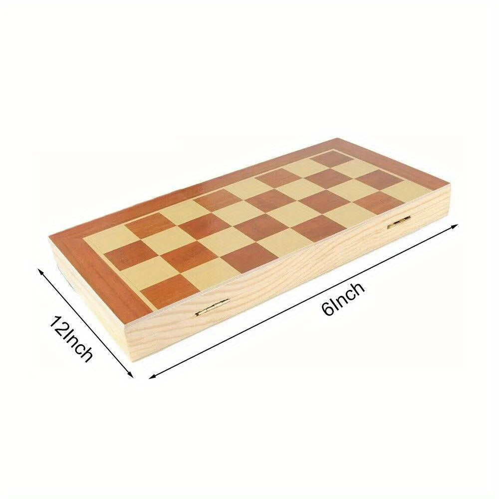 Handmade Wooden Folding Chess Set, Portable 12" Chessboard (30x30cm) with Game Pieces.