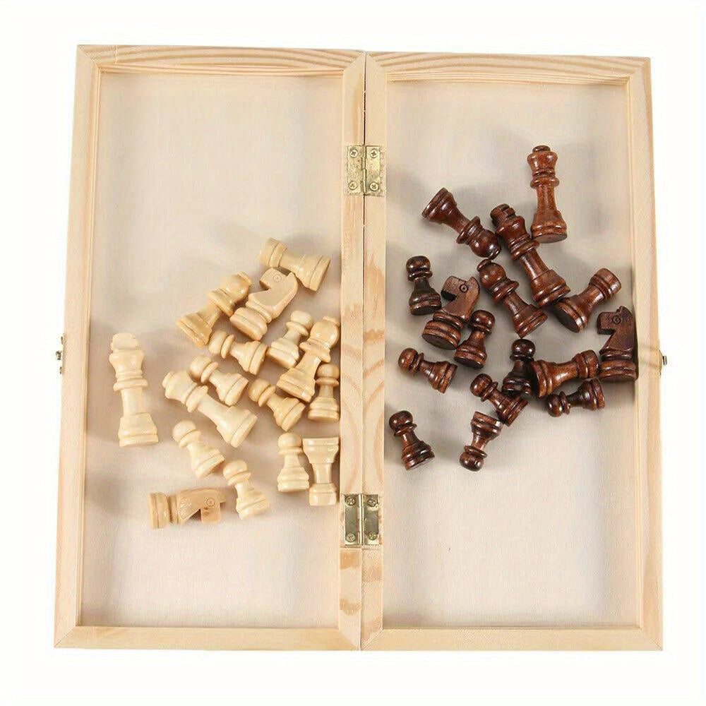 Handmade Wooden Folding Chess Set, Portable 12" Chessboard (30x30cm) with Game Pieces.
