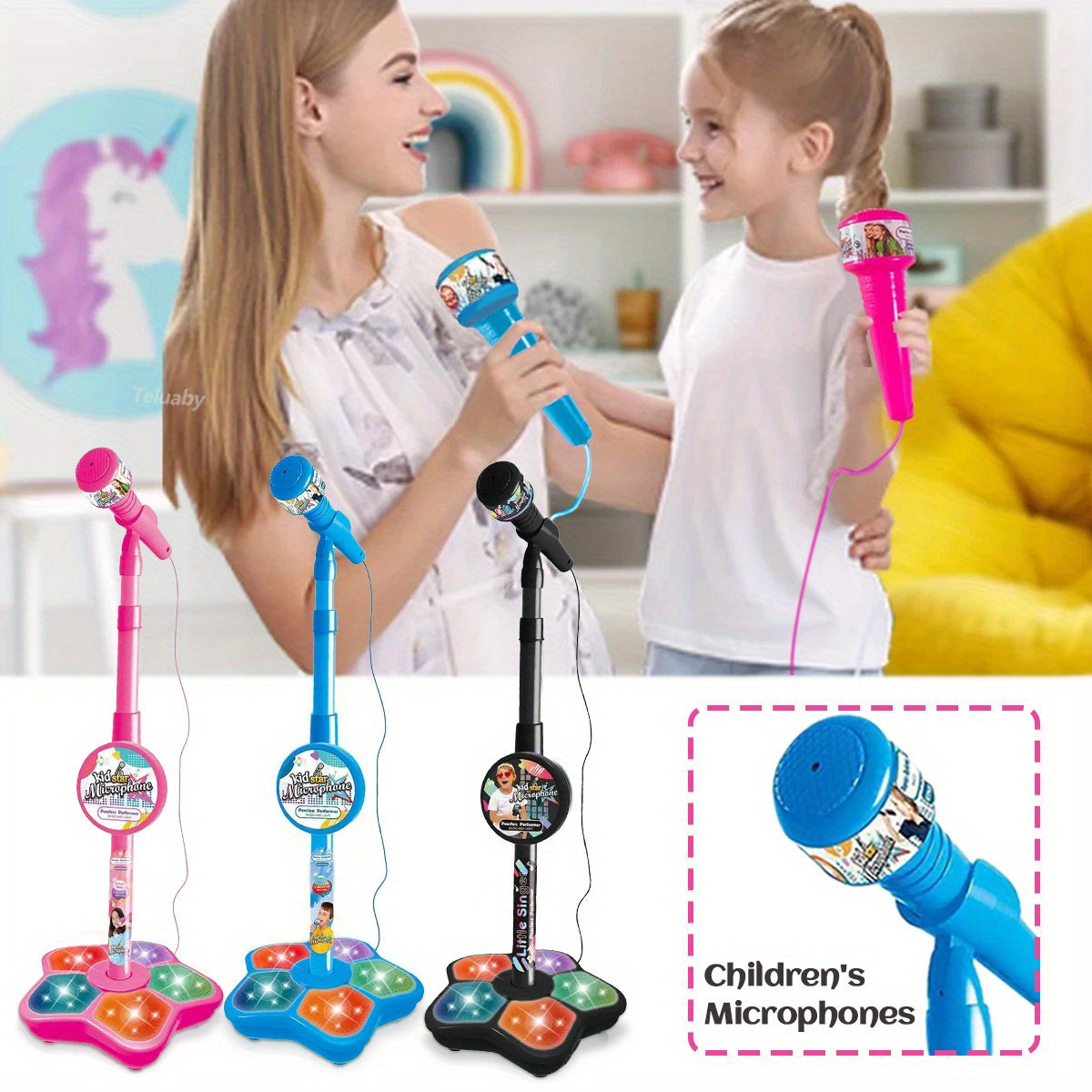 1 Set Kids Karaoke Microphone Toys - Kids Microphone Amplified Music Kids Microphone Random Print With Stand Analog Standing Karaoke Kids Singing Toys