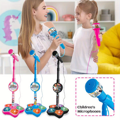 1 Set Kids Karaoke Microphone Toys - Kids Microphone Amplified Music Kids Microphone Random Print With Stand Analog Standing Karaoke Kids Singing Toys
