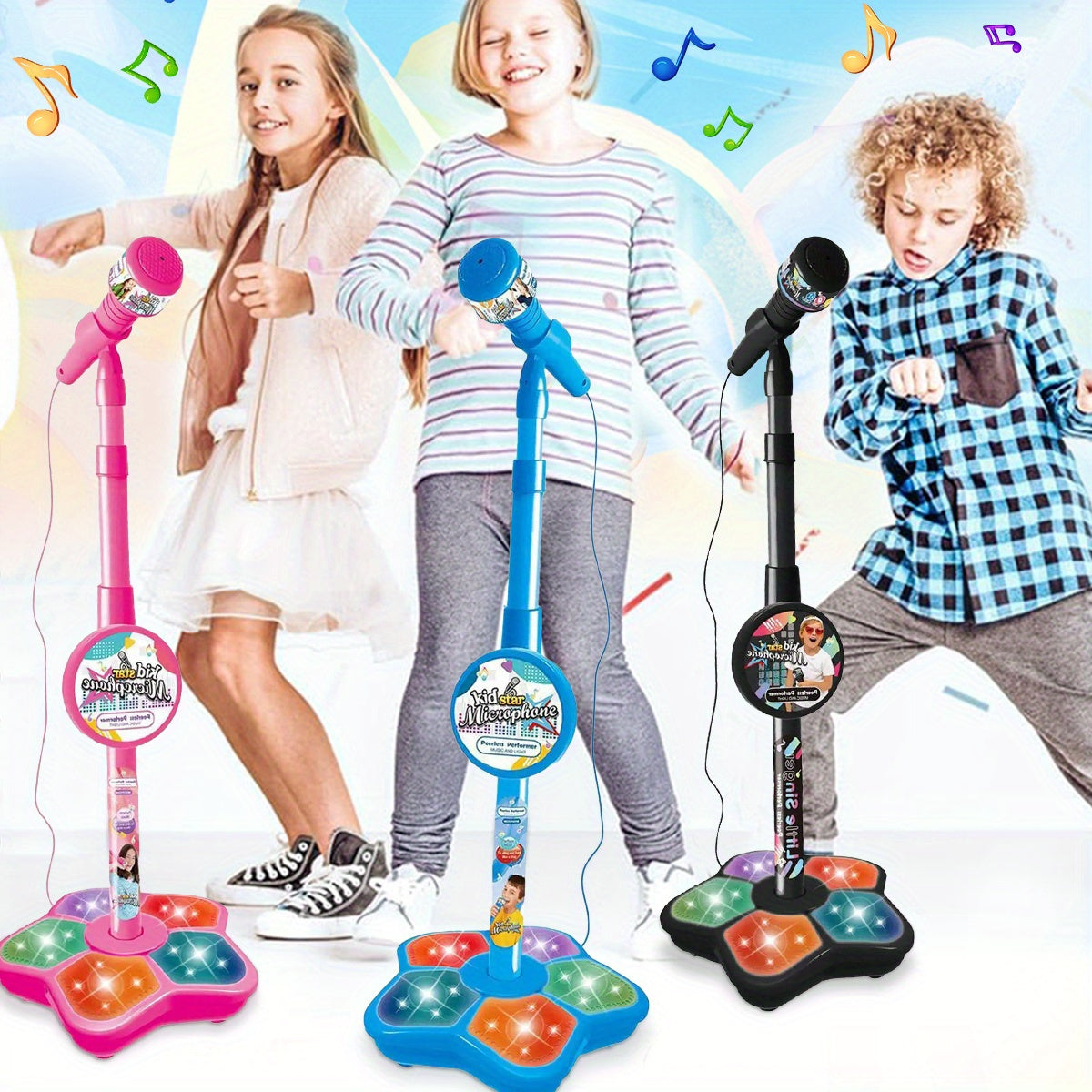 1 Set Kids Karaoke Microphone Toys - Kids Microphone Amplified Music Kids Microphone Random Print With Stand Analog Standing Karaoke Kids Singing Toys