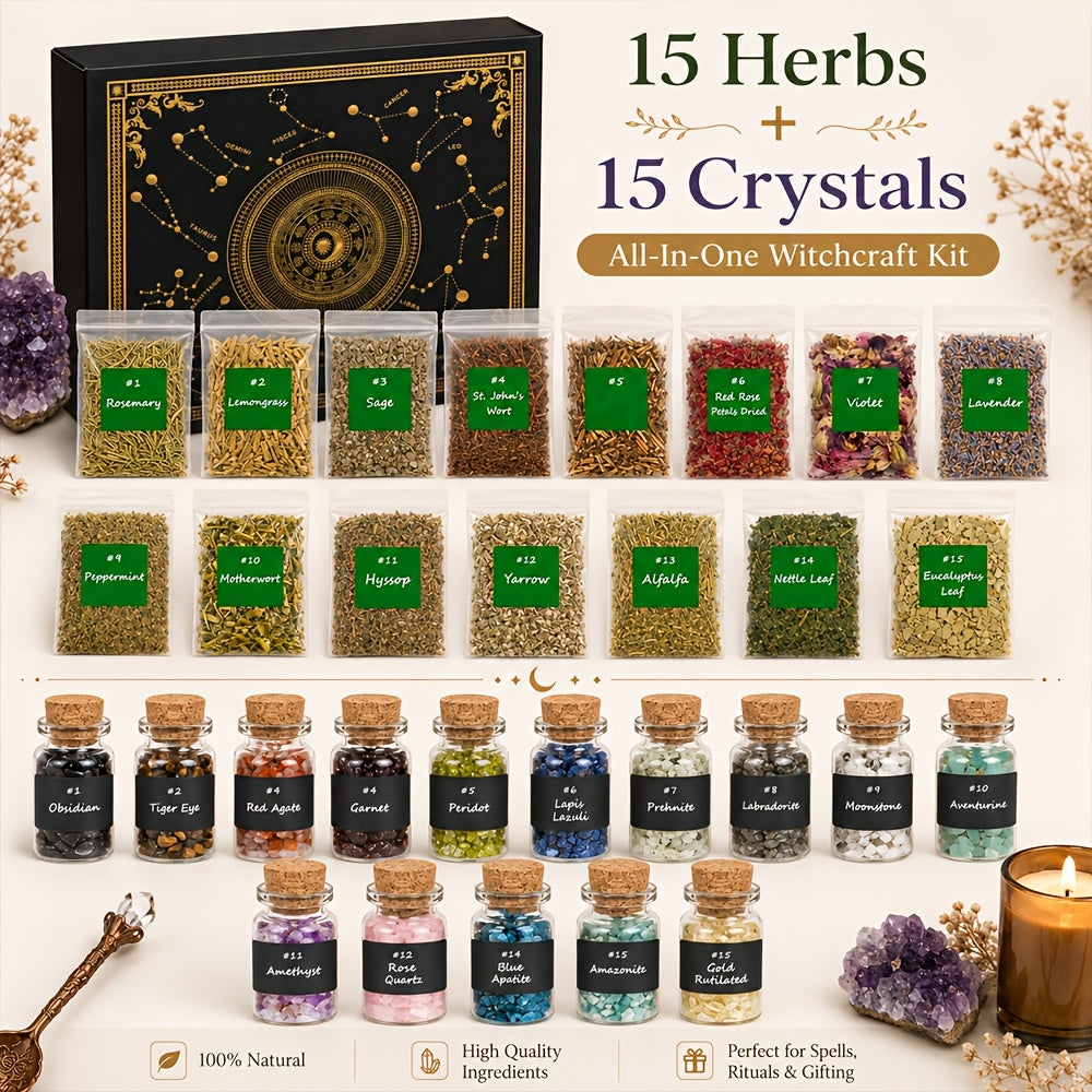 60pcs Witchcraft Supplies Kit for Beginners, Not Edible, Wiccan Supplies And Tools with Crystals Candles, Witch Altar Spell Set for Rituals, Energy Cleansing, Dried Flowers for Crafts, Witchy Gifts Box for Women, for Halloween