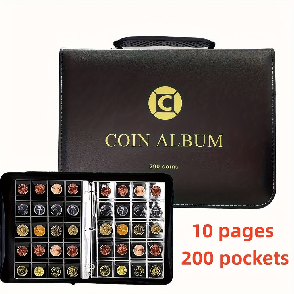 Zipper And Handle 200/320 Pocket Coin Collection Book -with 10/20 Pages A Black Storage Book Suitable for Displaying And Organizing Currency And Commemorative Coins, Coin Storage Book, Suitable for 20/25/27/30mm Coins