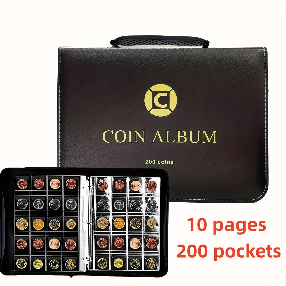 Zipper And Handle 200/320 Pocket Coin Collection Book -with 10/20 Pages A Black Storage Book Suitable for Displaying And Organizing Currency And Commemorative Coins, Coin Storage Book, Suitable for 20/25/27/30mm Coins