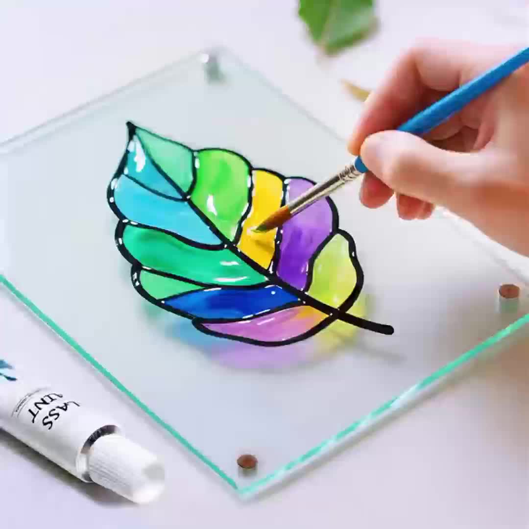 Stained Glass Painting Kit, Paint Acrylic Set Window Paint Set, Non Toxic, 12 Colors Paint On Transparent Glass Painting, Wine Glasses, for Artist Adults with 3 Brushes.