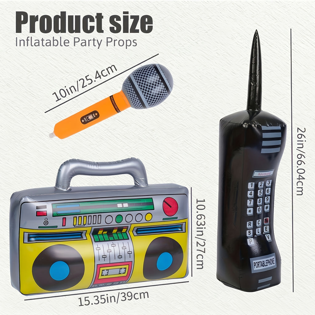 3pcs Inflatable Props for Party, Inflatable Mobile Phone Boombox Blow Up Microphone for 80S for party Decorations Hip Hop Theme Birthday for party Supplies, Back to School, Graduation for party Supplies
