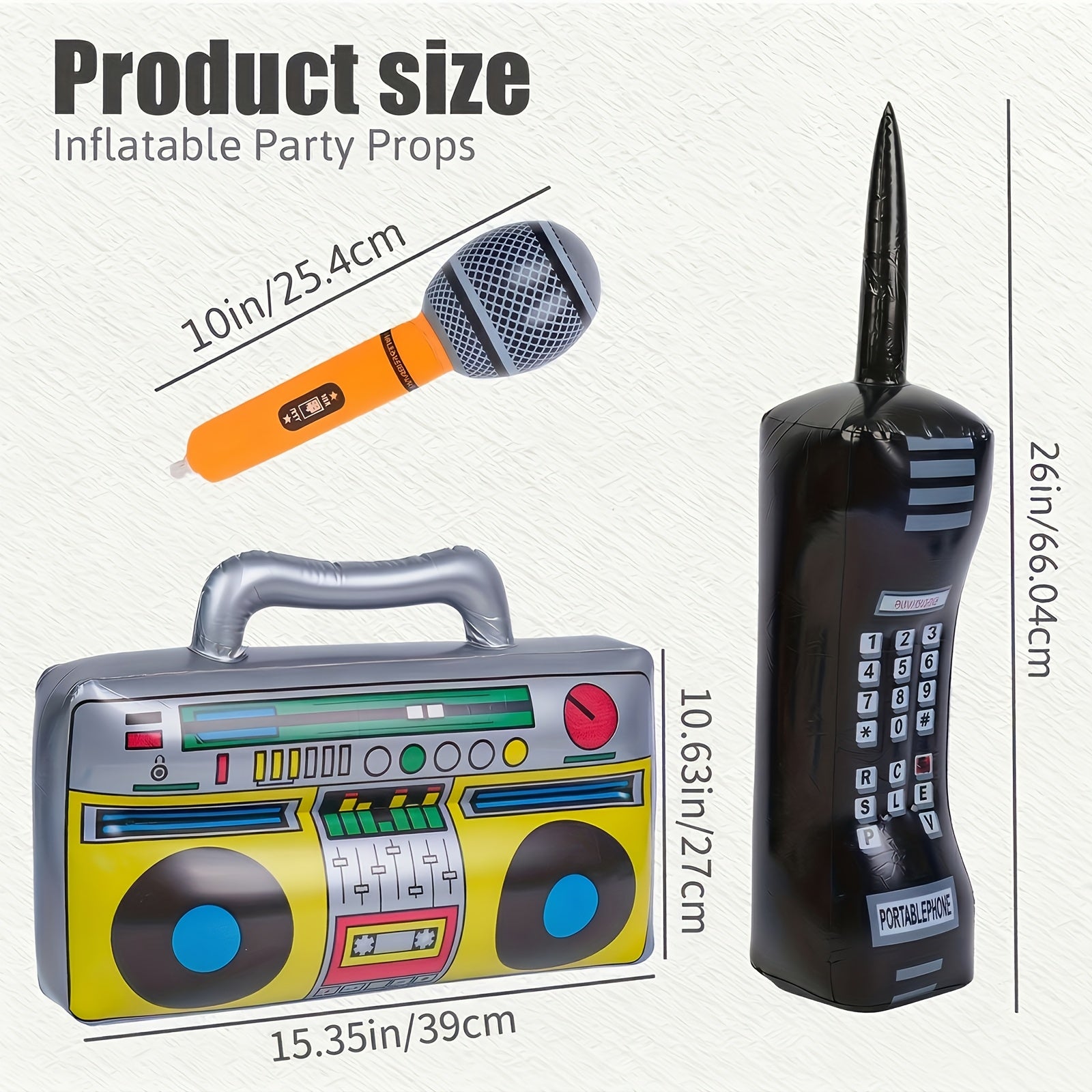 3pcs Inflatable Props for Party, Inflatable Mobile Phone Boombox Blow Up Microphone for 80S for party Decorations Hip Hop Theme Birthday for party Supplies, Back to School, Graduation for party Supplies