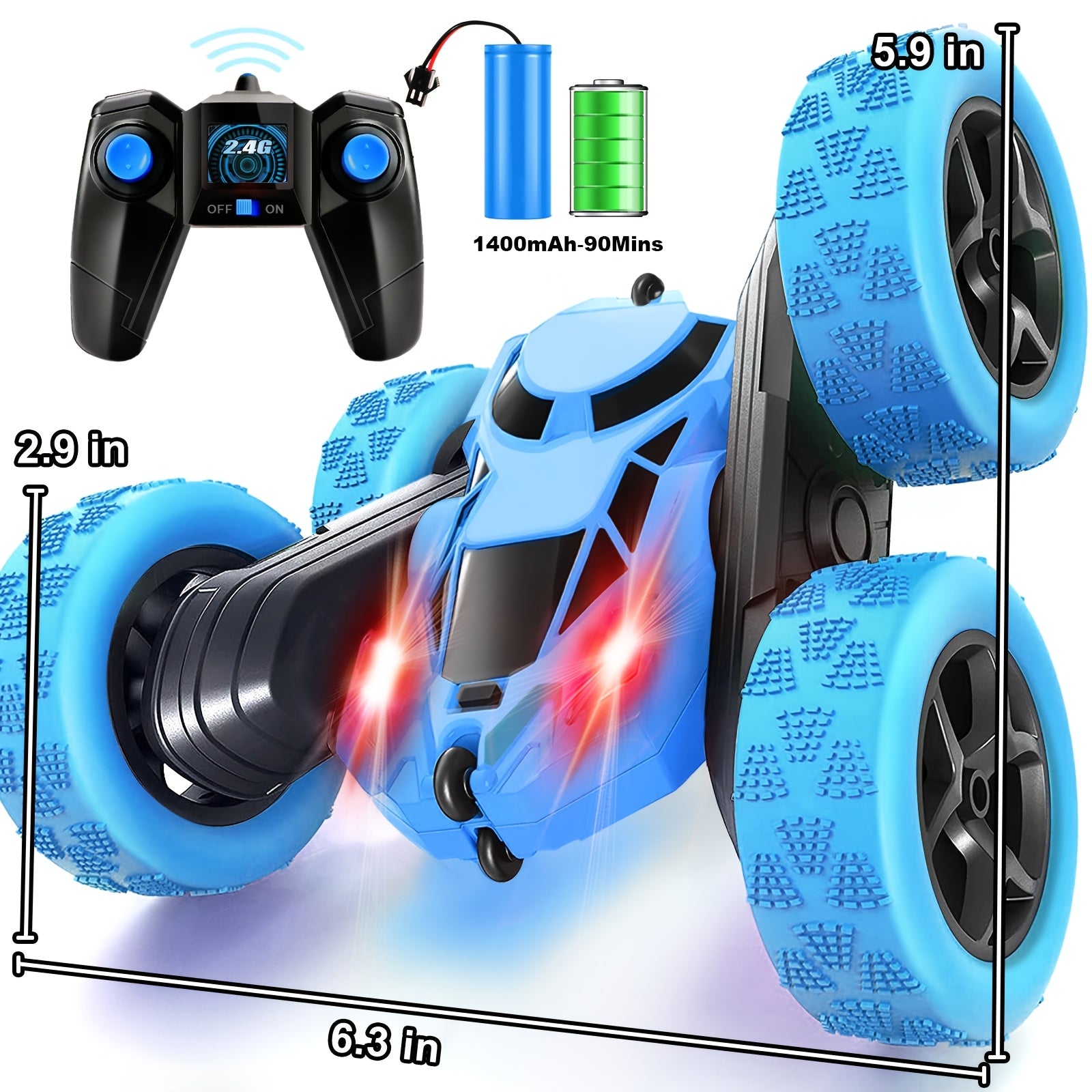 Double-Sided RC Stunt Car for Kids Ages 6+, 2.4GHz 360° Rotating Remote Control Flip Car with Headlights, 1400mAh Rechargeable Battery, Birthday And Christmas Gift