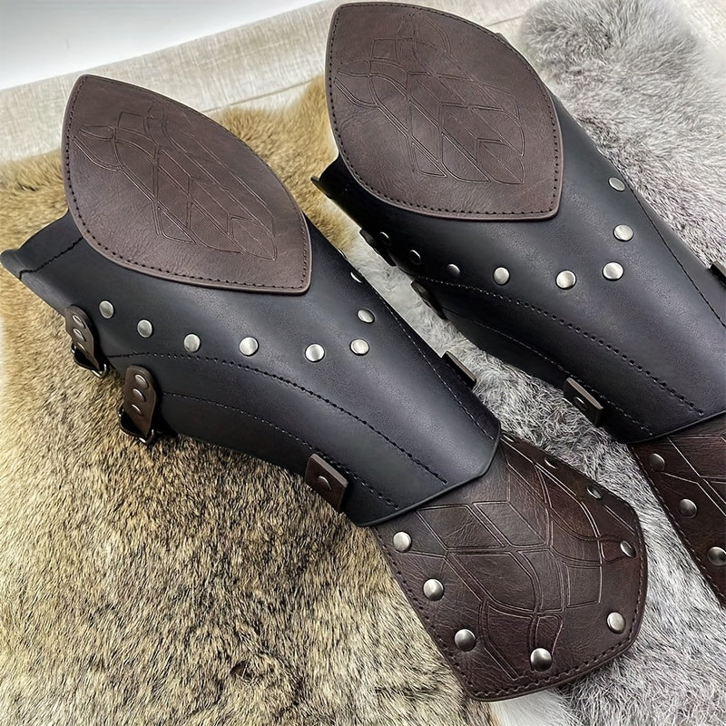 Two-Pack Medieval Embossed Artificial Leather Elf Arm Guards, Fantasy Role-Playing Buckle Armor, Halloween Knight  Gloves
