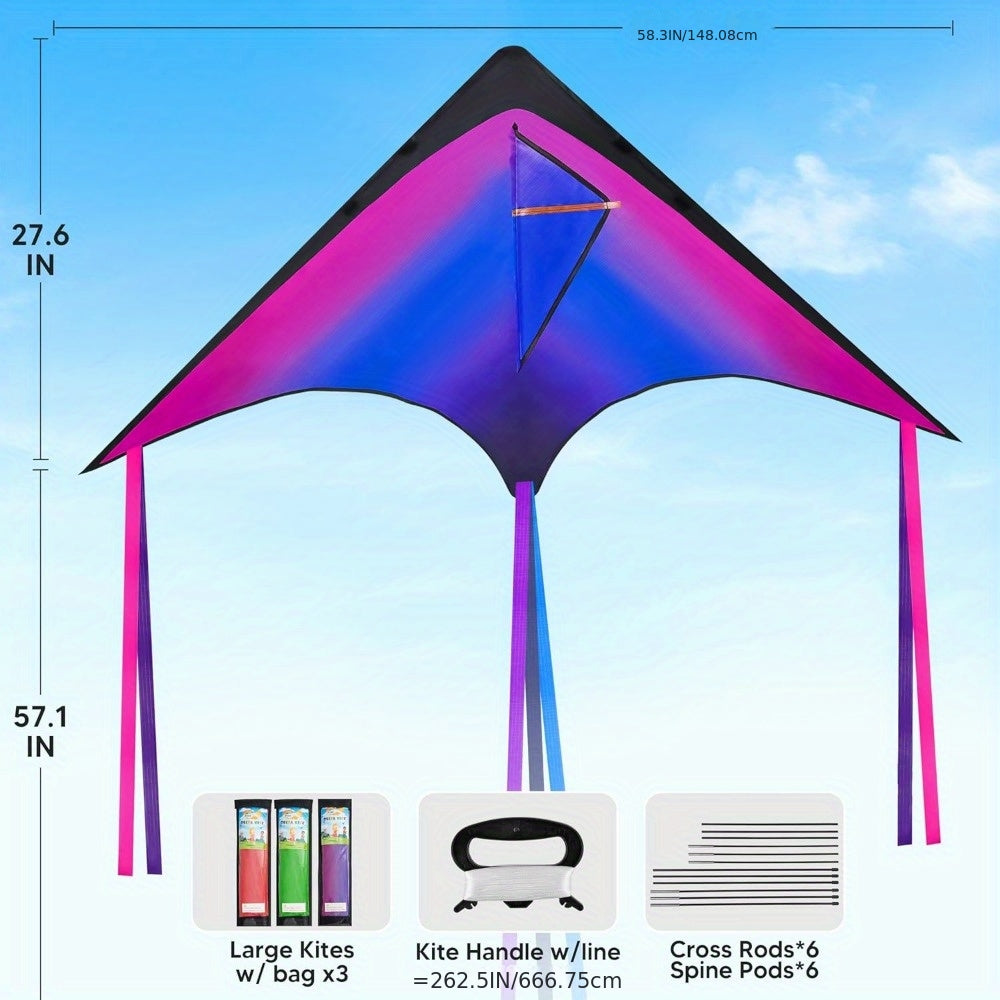 3 Packs Large Delta Kite Gradient Red, Green, Purple | Easy to Fly for Kids and Adults with 262.5ft String, SYNCFUN Beach Kite for Outdoor Games and Activities, Gifts for Boys and Girls