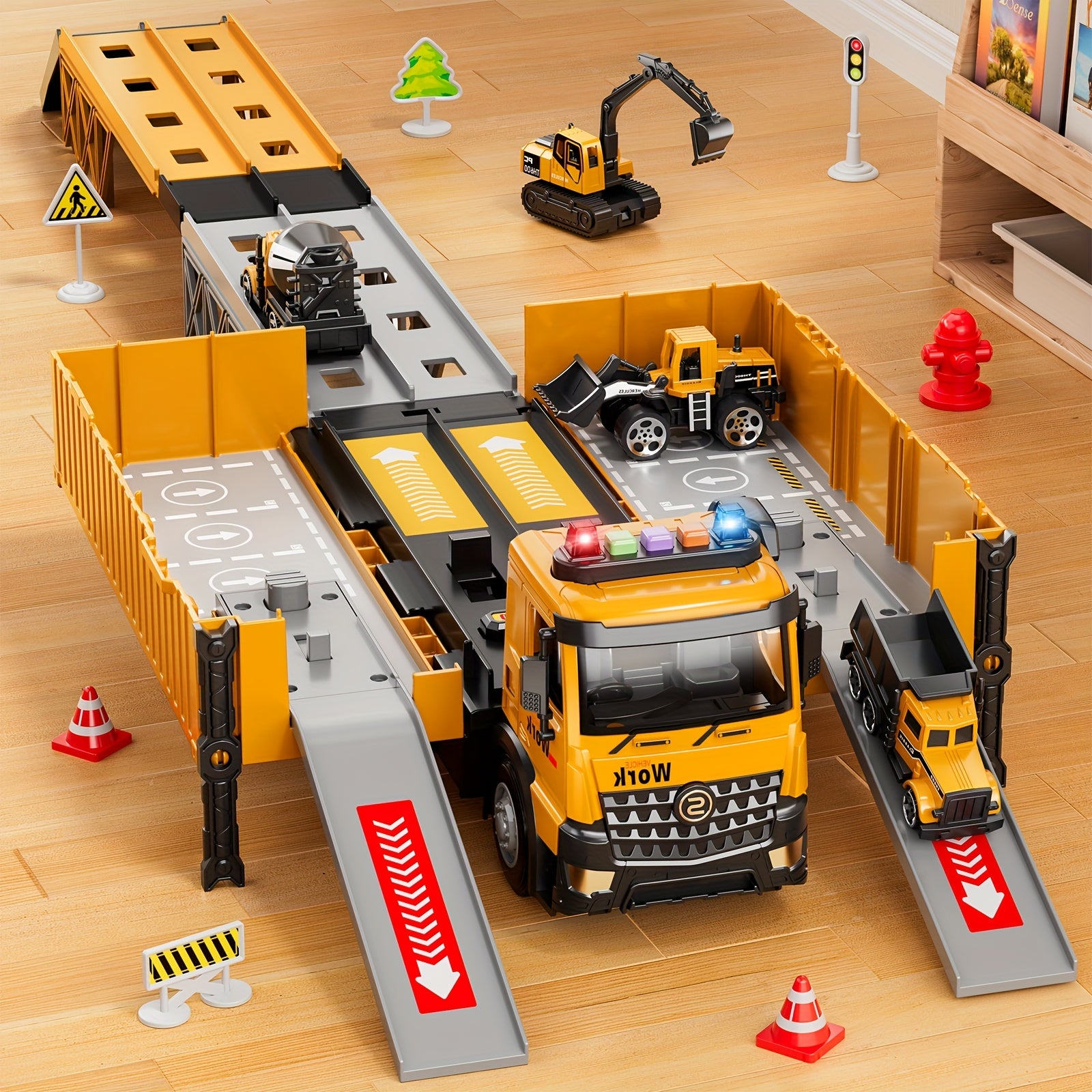 [Ideal Christmas] BABY HOME Multifunctional Construction Vehicle Container Truck Toy Set with Crane and Track Aged 3+, 4 Small Alloy Construction Truck, Foldable Double Racing Track, Realistic Sound & Flashing, Durable Construction Toy Vehicle, Ideal Chri