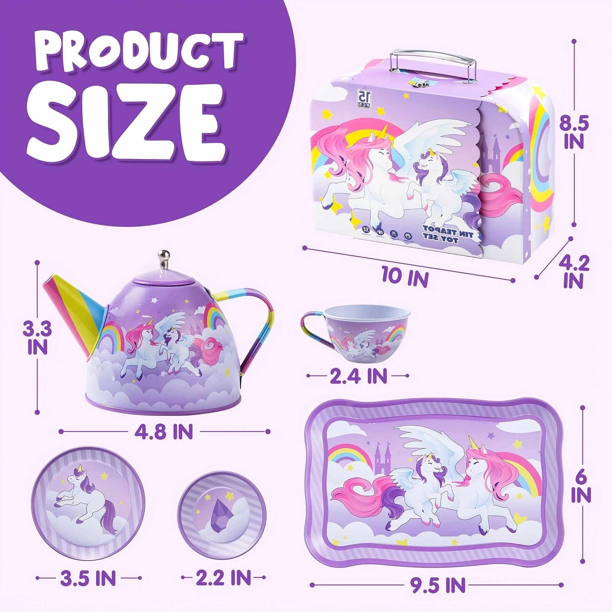 Unicorn Princess Tea Party Set For Little Girls: Purple Tin Teapot + Cups + Plates, Pretend Play Kitchen Toys For Kids, Perfect Easter/Birthday Gift For Kids Girls, Multi-Item Party Favor Packs For Children