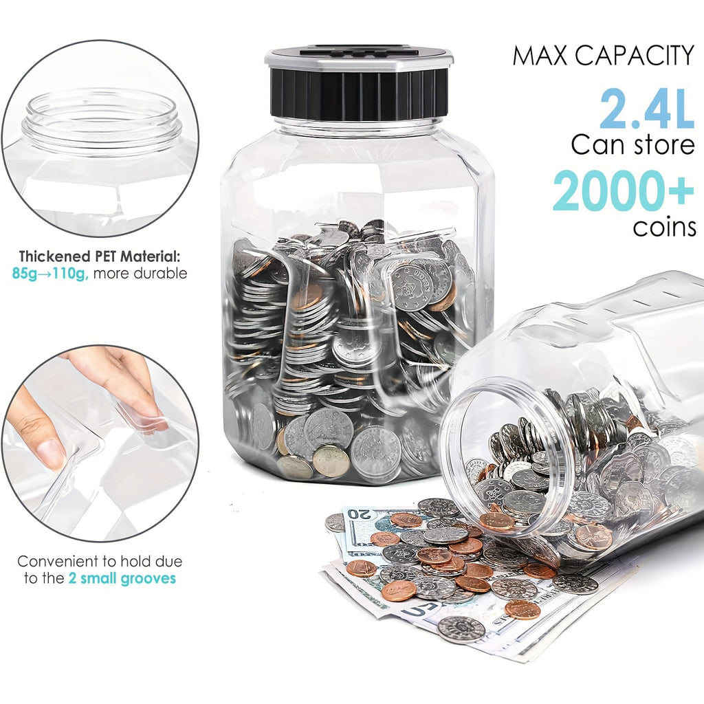 Extra-Large Adult Piggy Bank | Digital Coin Counting Jar with LCD Counter, 2.4-Liter Capacity, Displays Total Amount, Transparent Acrylic, Silvery