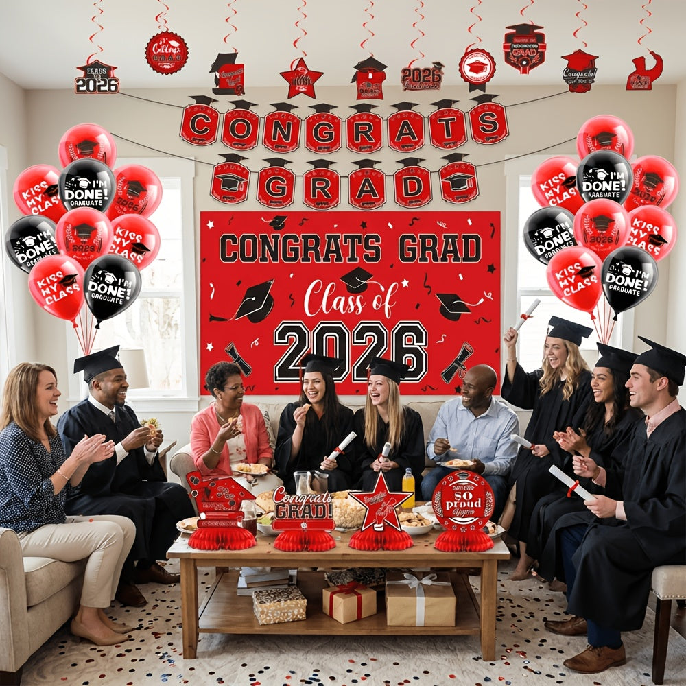 Graduation Decorations Class Of 2026, Golden Themed Graduation Decorations Set, Class Of 2026 Backdrop Banner, Graduation Hanging Swirl, Balloons And Honeycomb Supplies For Graduation Party
