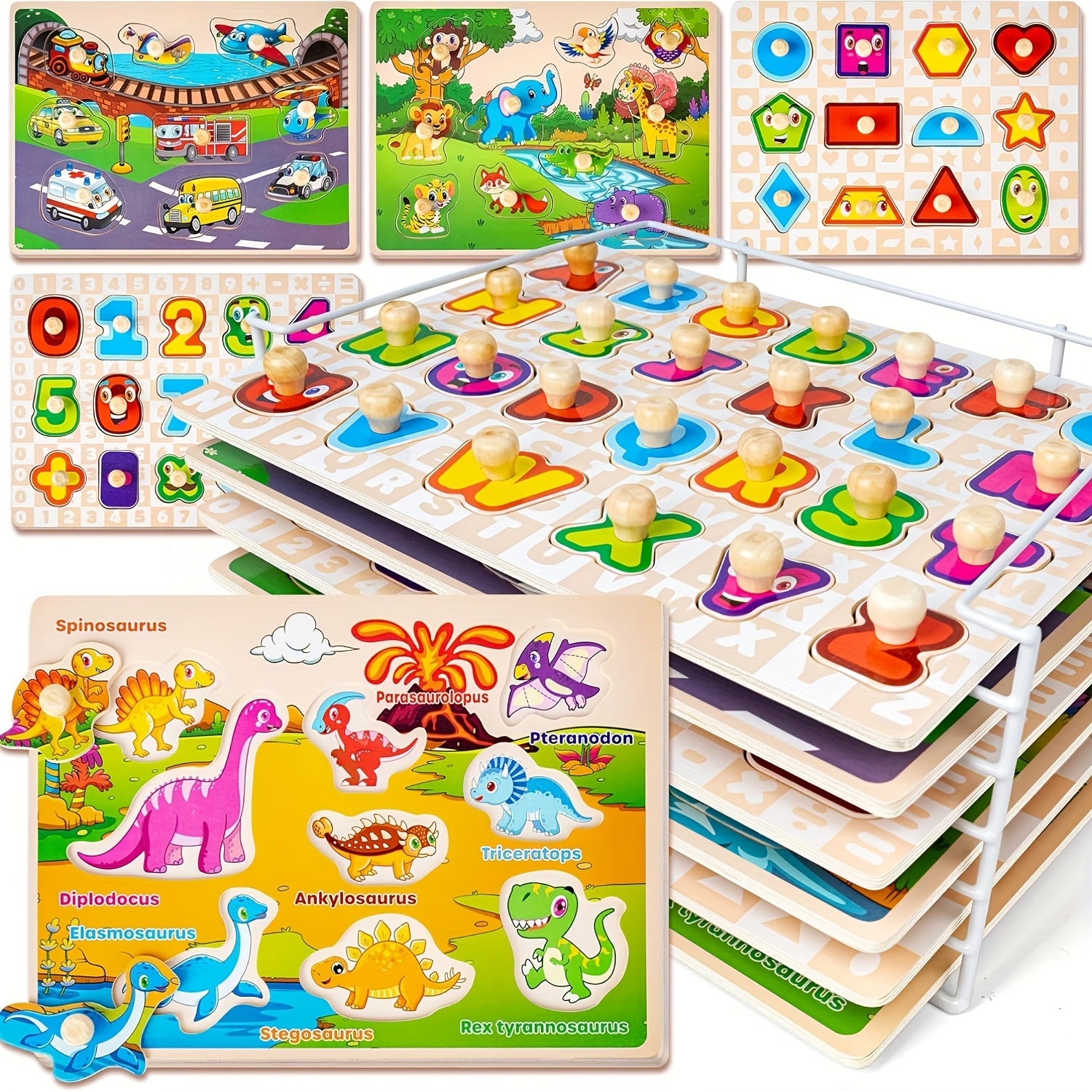 Wooden Puzzles for Toddlers 12 Months + Years Old, 6XSET Puzzles for Toddlers 1+years Old with Rack, Learning Alphabet Number Shape Animal Dinosaur Vehicle, Education Toddler Puzzles Toys Gifts for 12 Months + Years Boys Girls