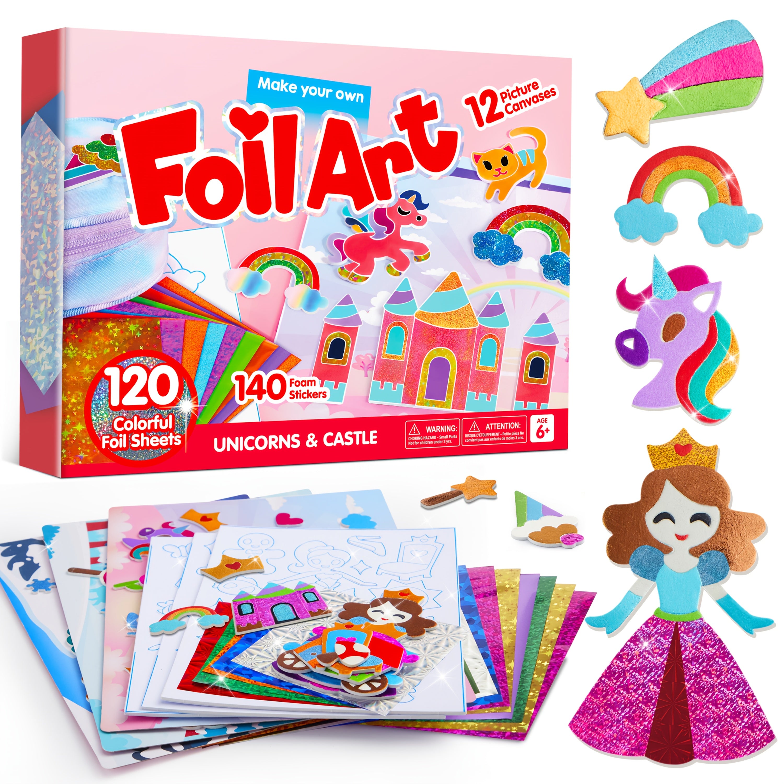 Foil Art Kit for Kids, Arts & Crafts Supplies, 10 Unique Designs&120 Colorful Foil Sheets, Mess Free Coloring, Foil Foam Stickers, Creative Travel Toys, Christmas Birthday Gifts for Boys And Girls