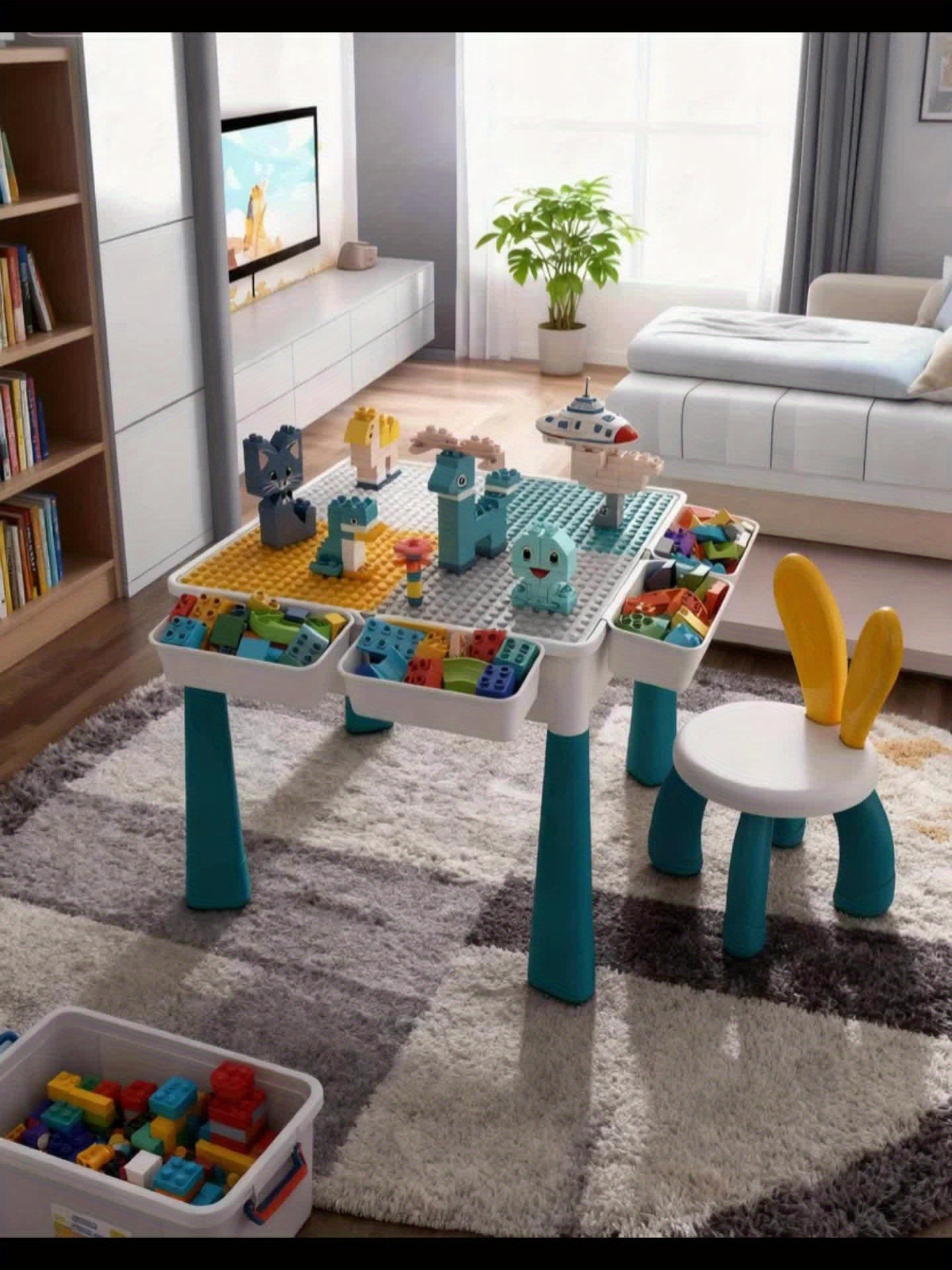Kids All-in-One Activity Table - Multifunctional Kids Play Table with Building Blocks - Durable ABS Plastic Construction, Space-Saving Corner Design with Green Legs & White Tabletop - Suitable As Halloween, Christmas, Thanksgiving, New Year's Day