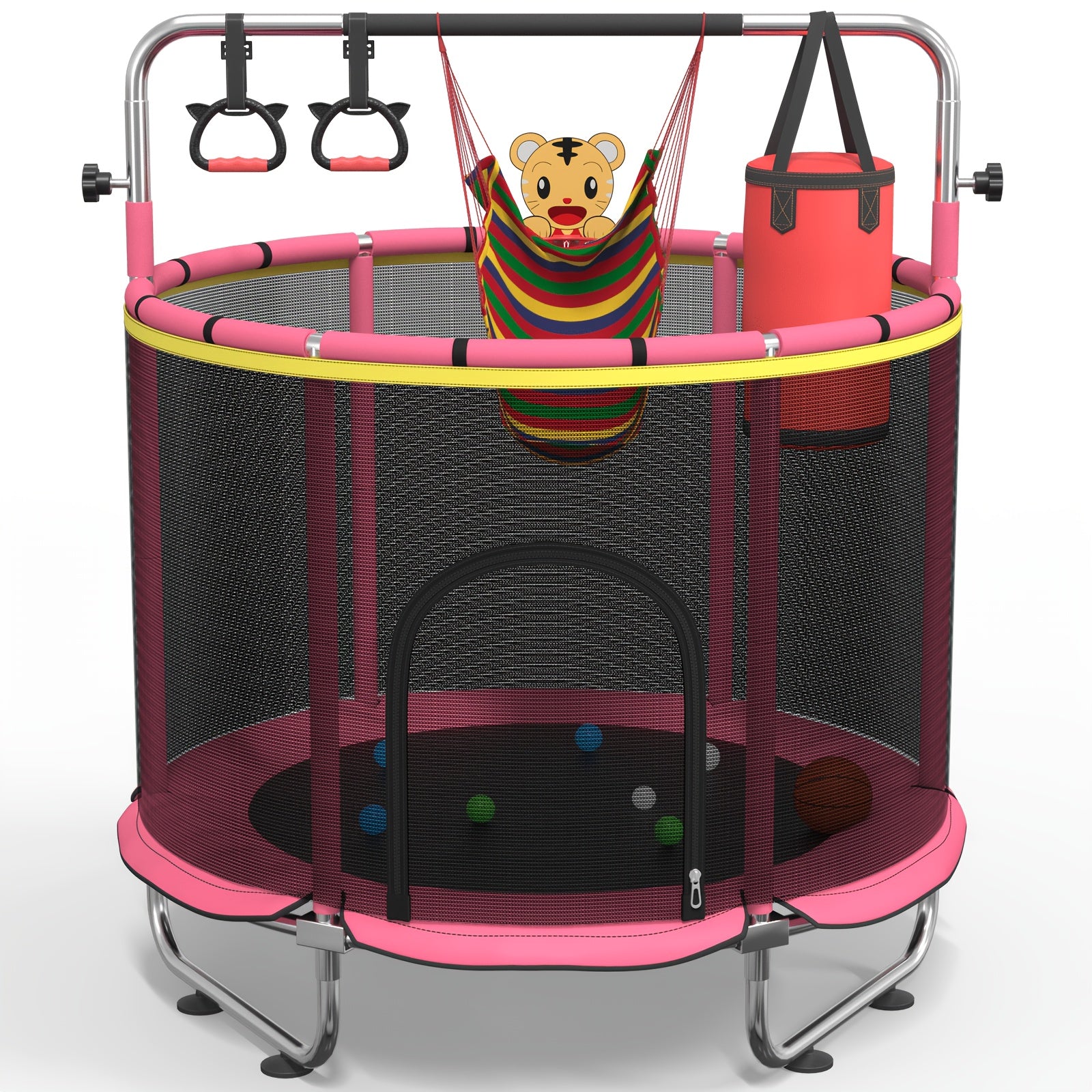 1pc Indoor And Outdoor Trampoline with Gymnastics Bar And Toys, 60" Height Adjustable Trampoline with Enclosure