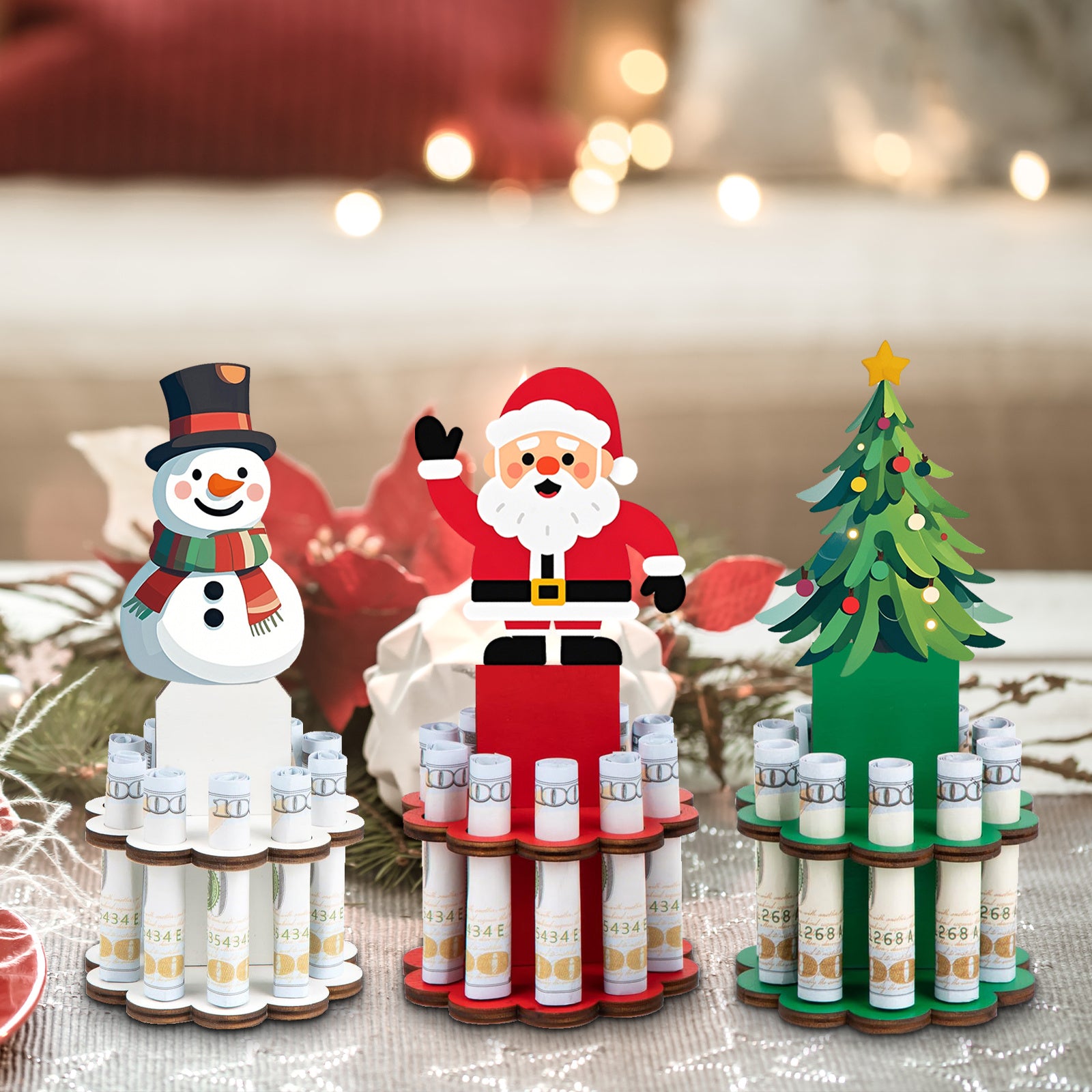 3SET Christmas Money Holder, Wooden Money Holders, Christmas Ornament Money Holder with 10 Holes, Money Dispenser Christmas Money Tree Table Decor for Winter Holiday Party Favors Supplies