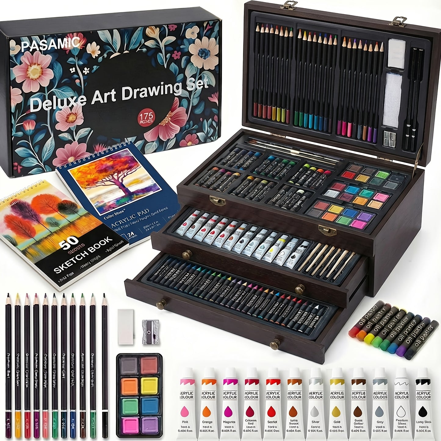 172pcs Deluxe Art Set with An Exquisite Gift Box And 2 Drawing Pads, Crayons, Acrylic Paints, Colored Pencils Set In Wooden Case, Professional Art Kit, Paint Supplies, Gift, Christmas, Art & Crafts, Craft Kits