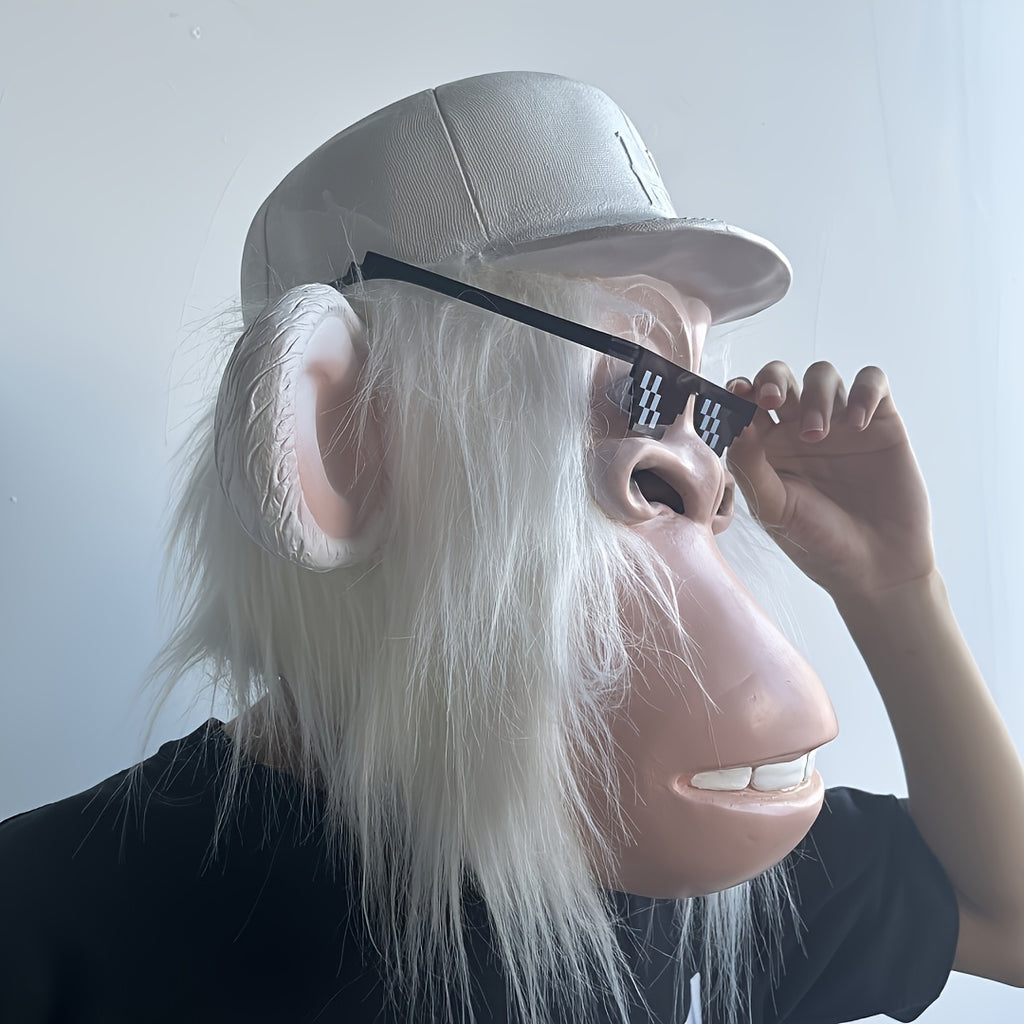 [Halloween] 1pc Funny Plush Monkey Mask - Cute Cartoon Animal Costume with White Hair, Fashion Glasses & Hat - Soft Latex Full Head Design for Halloween Parties, Role-Playing - One Size Fits Most Adults