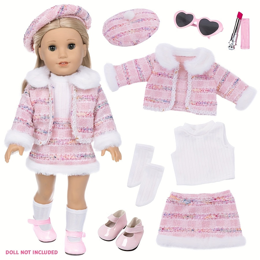 18Inch Baby Doll Knitted Clothes Outfits Include Hat Top Jacket Skirt Set 18inch America Doll Make Up Lipstick Toy Baby Doll Accessories Girl Playing House Games Gift, Birthday Gift, Play Favor, Christmas Present, Baby Doll & Reborn Doll Accessories