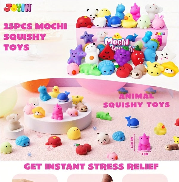 SYNCFUN 25pcs Mini Animals Fruit Mochi Squishies Toys Set Can Be Placed In Easter Eggs, Party Favors for Kids, Basket Stuffers Fillers for Party, Graduation Classroom Prize Supplies, July 4th, Halloween Party Favors Gifts