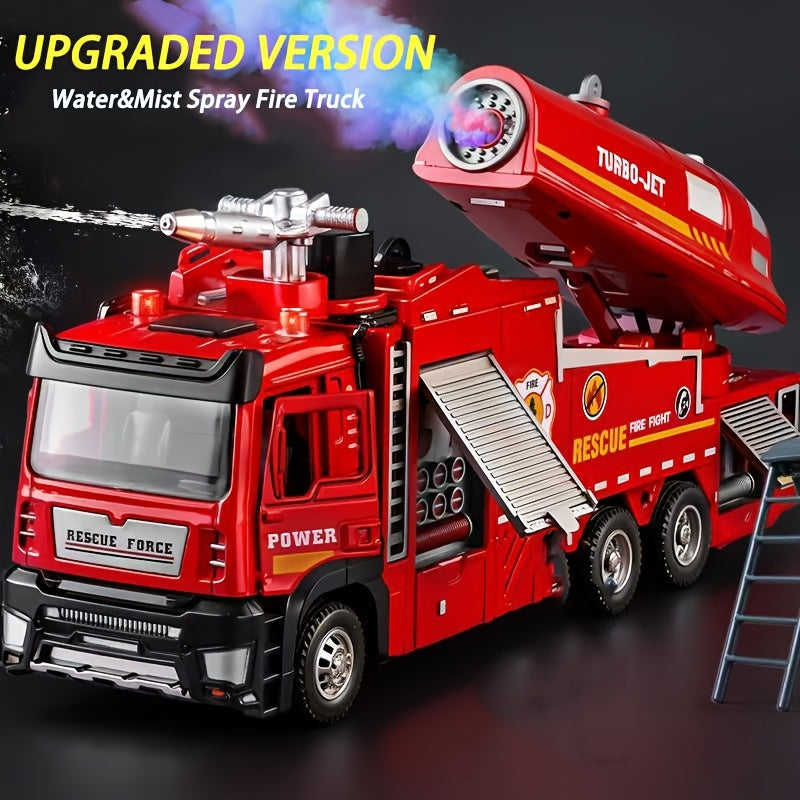 Zinc Alloy Firetruck Model, Upgraded Version Water And Fog/Mist Spray Fire Rescue Truck Toys for Kids, Pull Back Fire Truck with Light And Sound Function, Ideal Gift for Boys And Girls Birthday, Holiday