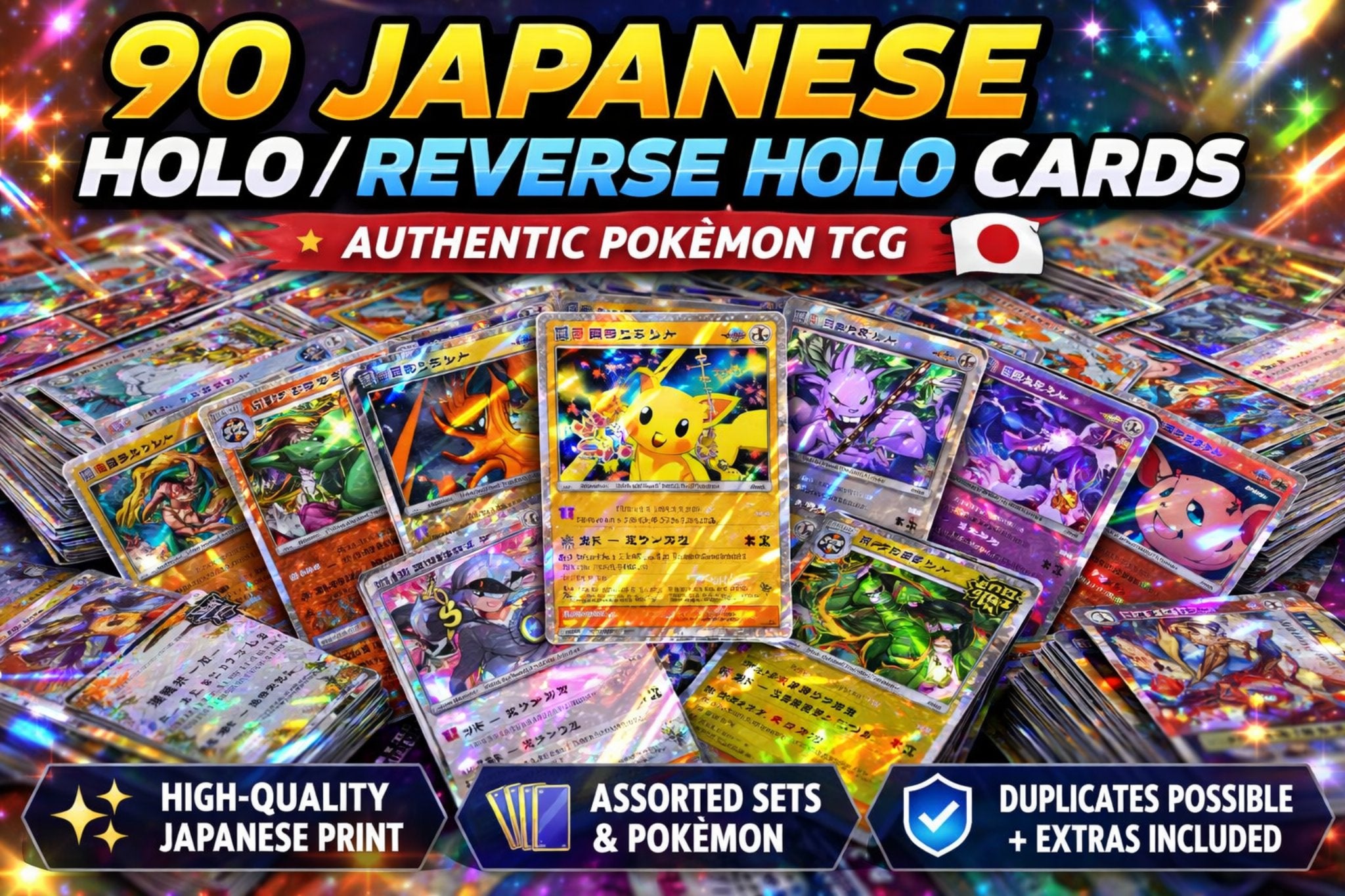 Pokemon TCG Lot of 30 Japanese Holo & Reverse Holo Cards 60 Base– Assorted Japanese Edition Holographic Pokemon Trading Cards Collection