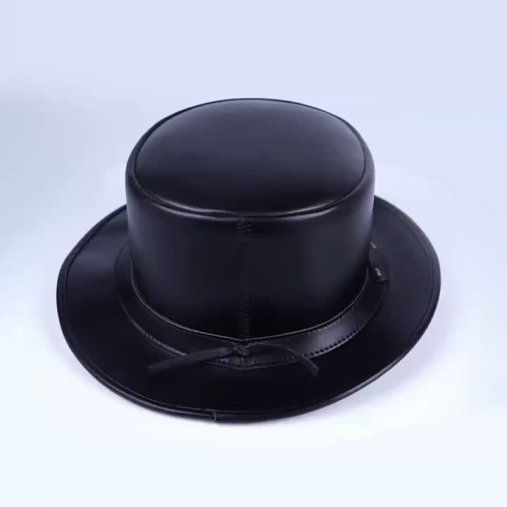 [Genuine Leather Top Hat] Genuine Leather Top Hat - Stylish Gentleman Hat, Adjustable Shapeable Brim, Halloween Costume Topper, Steampunk Hat for Adult, Short Deadman Tophat, Motorcycle Riding Hat, Fashionable Hat for Women and Men