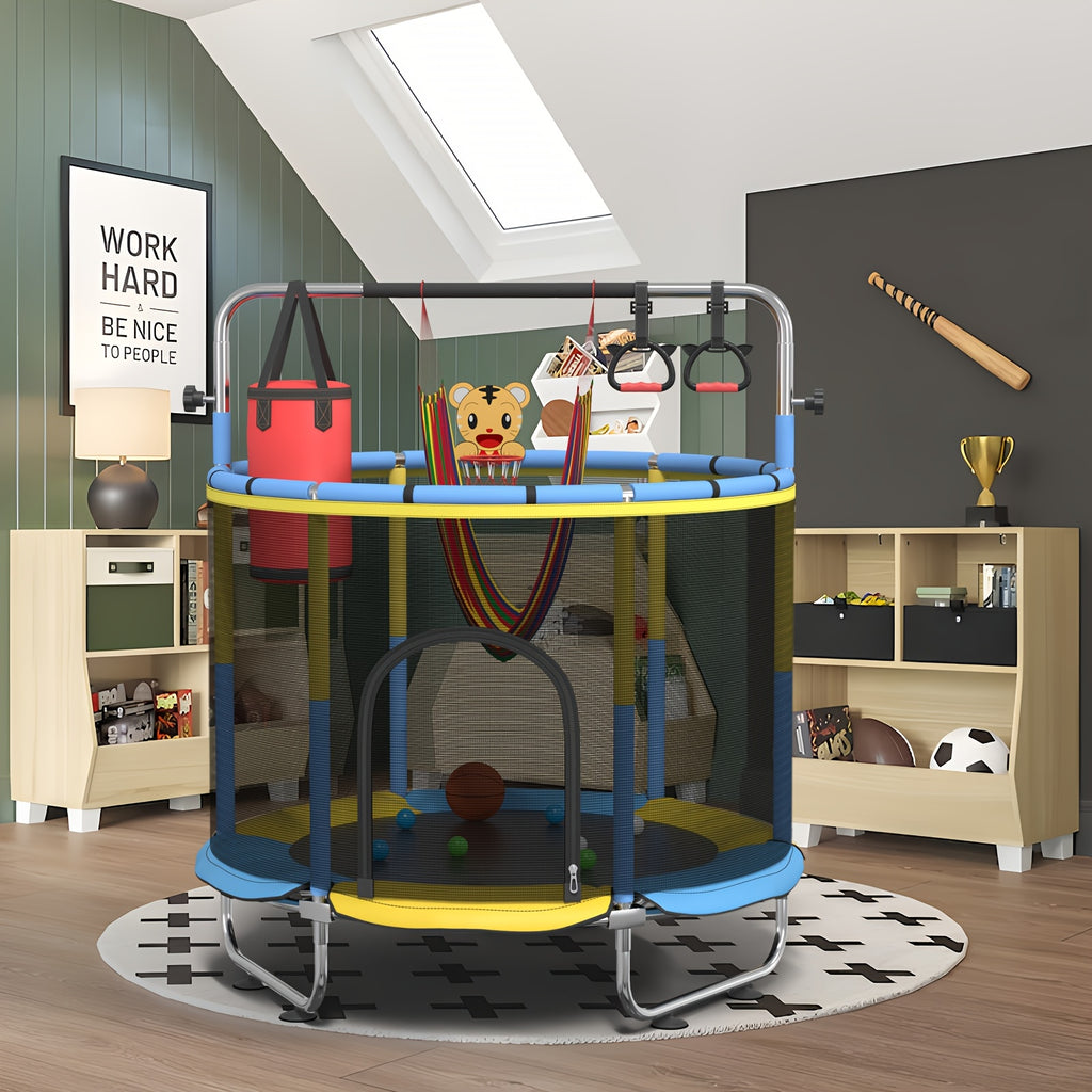 1pc 60" Height Adjustable Trampoline with Enclosure, 440Lbs Capacity Indoor & Outdoor Round Trampoline with Gymnastics Bar & Toys |Height Adjustable Trampoline |Indoor & Outdoor Trampoline