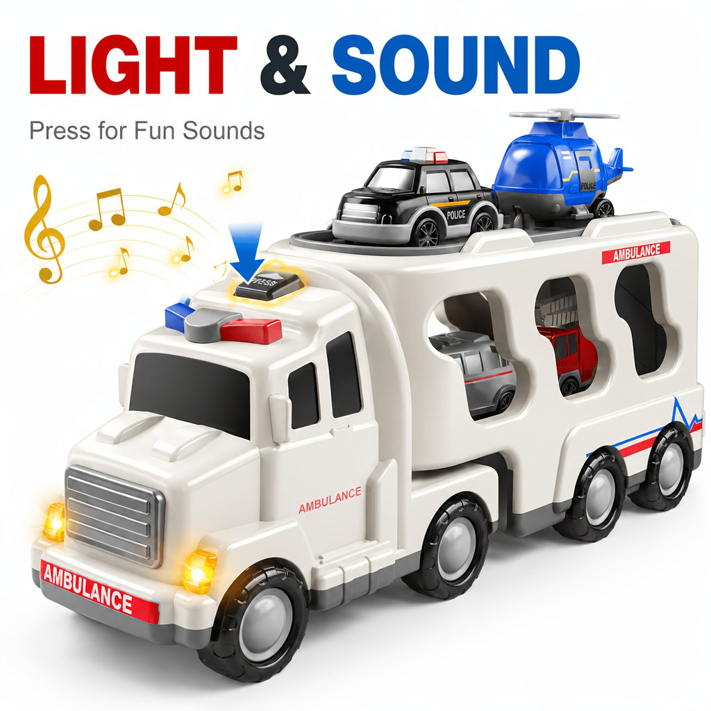 Babyhome Ambulance Truck 5 in 1 with Lighting & Sound, Friction Power Vehicle, Rescue Helicopter, Police Car, Fire Truck, Ambulance, Christmas, Birthday Gift, Interactive Toy Combination Toy Car