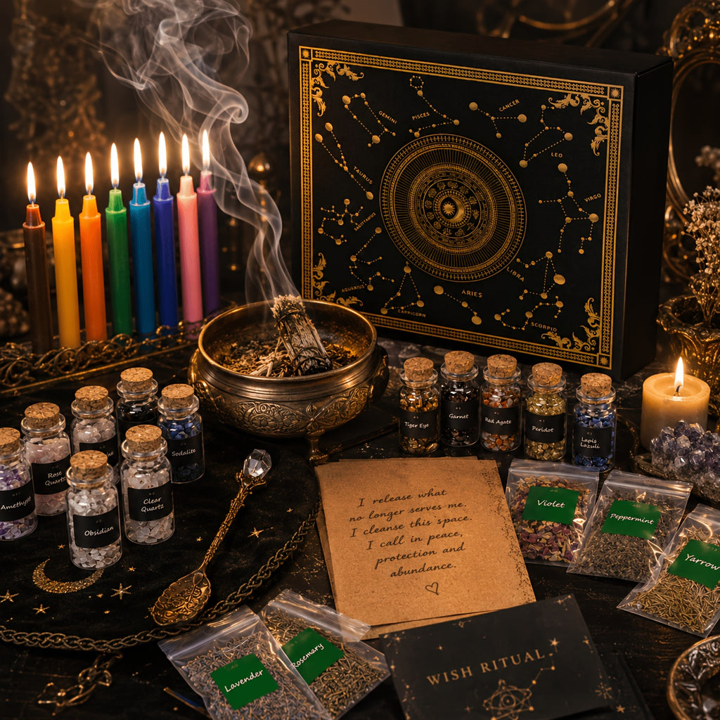 60pcs Witchcraft Supplies Kit for Beginners, Not Edible, Wiccan Supplies And Tools with Crystals Candles, Witch Altar Spell Set for Rituals, Energy Cleansing, Dried Flowers for Crafts, Witchy Gifts Box for Women, for Halloween