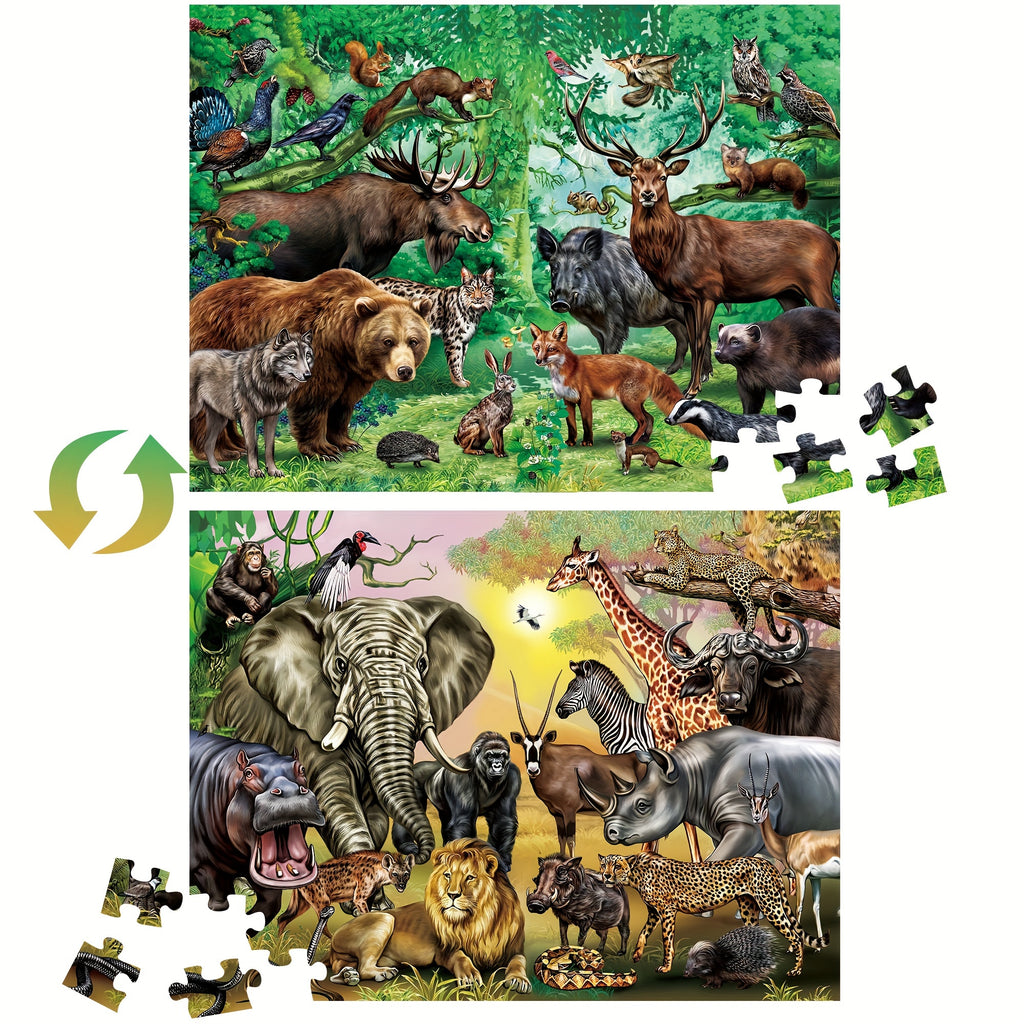 Double Sided Jigsaw Puzzles 100pcs for Kids 3-8, Jungle Animal Puzzle Toys for Boys Girls Kids Christmas Gifts Birthday Gift, Thanksgiving Day Present