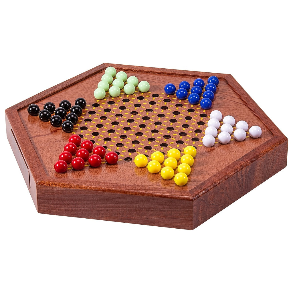 1 Set Deluxe Wooden Chinese Checkers Game - 12.5" Hexagonal Board with Storage Drawer, 60 Acrylic Marbles & 12 Spare - Classic Family Strategy Game for Home Gatherings - Perfect Gift for Family & Friends